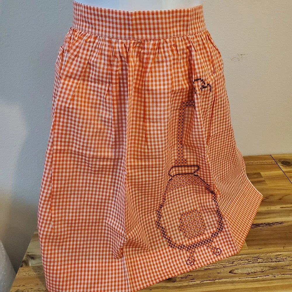 Vintage Hand Embroidered Orange Gingham Half Apron Lightweight Cottage Core